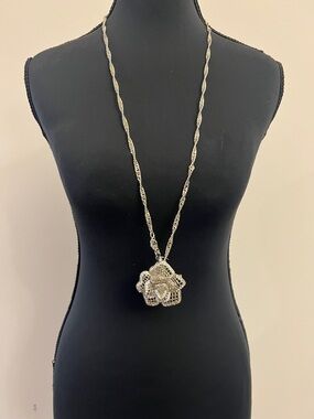 Silver Floral Pendant Long Necklace/ Detachable Brooch - Women Jewelry